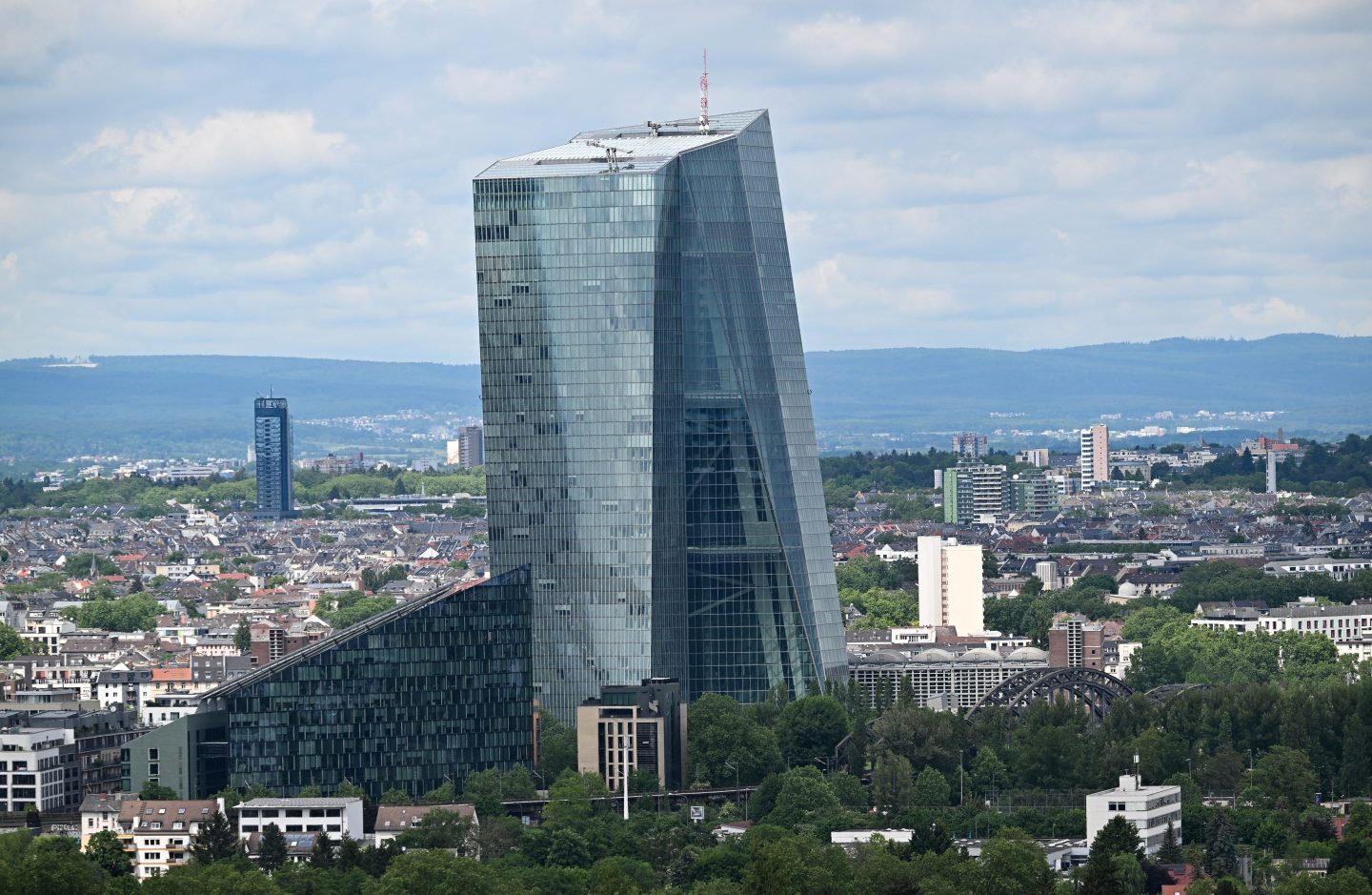 16 May 2024, Hesse, Frankfurt/Main: The headquarters of the European Central Bank (ECB) in Frankfurt&#039;s Ostend district rises imposingly into the sky. Photo: Arne Dedert/dpa (Photo by Arne Dedert/picture alliance via Getty Images)
