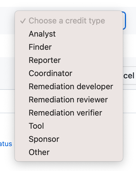 Maintainers can choose from multiple credit types, including Reporter, Remediation developer, and Sponsor. 