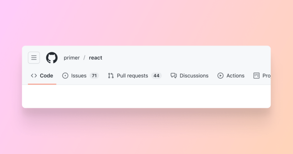 An image of the upper-left part of a GitHub webpage that shows breadcrumbs in the new navigation UI. There is a breadcrumb named “react” representing the current page, and a breadcrumb to the left of that named “primer,” representing the parent page of the current page.