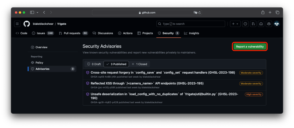 Screenshot of the security advisories page in the frigate repository with the "Report a vulnerability" button highlighted.