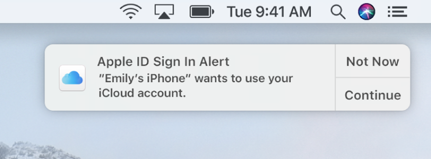 A notification for the device requesting approval for iCloud Keychain.