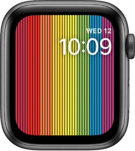 The Pride Digital watch face showing vertical rainbow stripes with the day, date, and time at the top right.