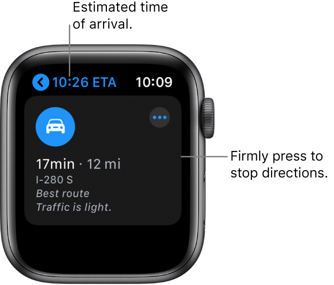 The Maps app showing the estimated time of arrival at the top left, the address below, the number of minutes it will take to arrive at the destination, the route’s distance in miles, and the words “Traffic is light.” A callout points to the screen and reads, “Firmly press to stop directions.”