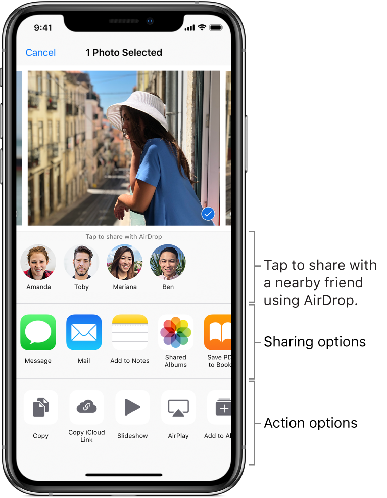The AirDrop Share screen. At the top are photos to select and share. Below that are people you can share with using AirDrop. The next row shows sharing options, including Message, Mail, Shared Albums, and more. The bottom row shows other actions, including Copy, Slideshow, and AirPlay.
