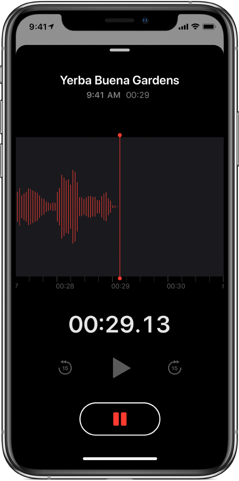 A Voice Memos screen showing a recording in progress.