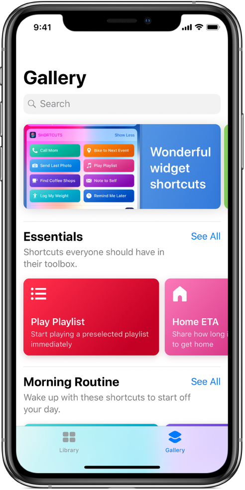 The Gallery tab in the Shortcuts app, showing suggestions for shortcuts.