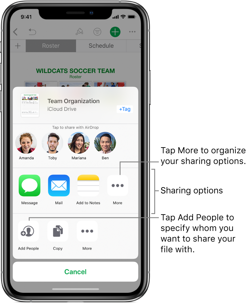 The File Share screen. At the top is the file selected to share. Below that are people you can share with using AirDrop. The next row shows sharing options, including Message, Mail, Add to Notes, and More. The bottom row has buttons for actions, including Add People, Copy, and more.
