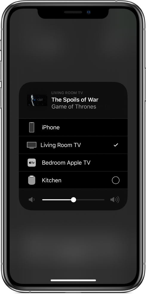 An AirPlay window is open and shows an episode title for a TV show. Below is a list of AirPlay devices. Living Room TV is selected. A volume slider is at the bottom of the window.
