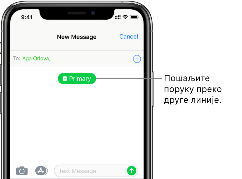 Екран Messages за нову SMS/MMS преписку. Да бисте послали поруку преко друге линије, тапните на дугме линије испод примаоца.