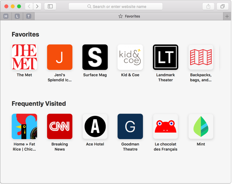 The Safari start page, showing favorite and frequently visited websites.