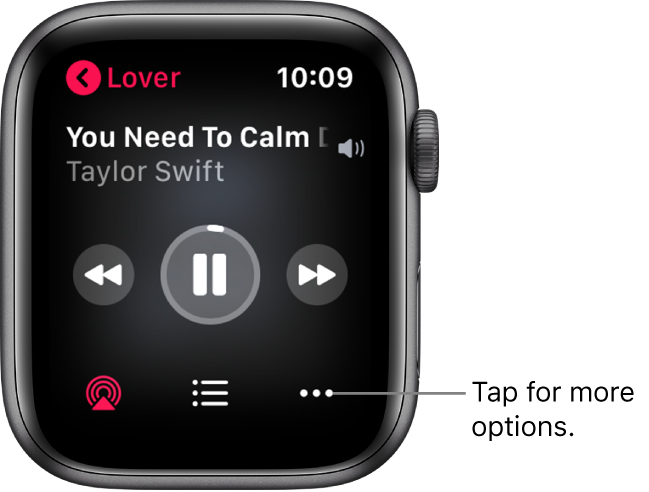 The Now Playing screen in the Music app. The album name is at the top left. Song title and artist appear at the top, play controls in the middle, and AirPlay, track list, and Options buttons are at the bottom.