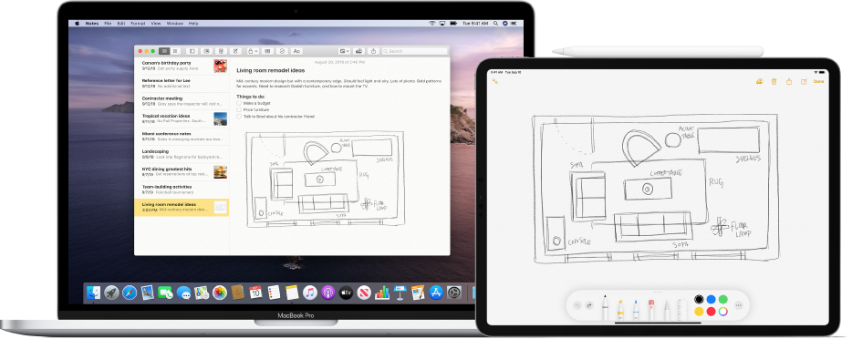 An iPad showing a sketch and a Mac next to it showing the same sketch in the Notes app.
