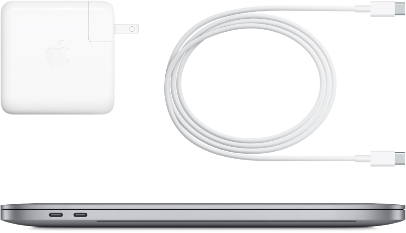 Side view of 16-inch MacBook Pro with accompanying accessories.