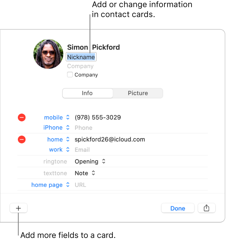 A contact card showing the nickname field below the contact’s name and a button at the bottom of the window for adding more fields to the card.