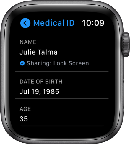 The Medical ID screen showing the user’s name and age.