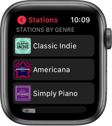 The Radio screen showing three Apple Music Radio genre stations.
