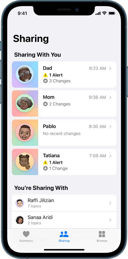 The Sharing screen showing four people sharing with you and two people you’re sharing with.