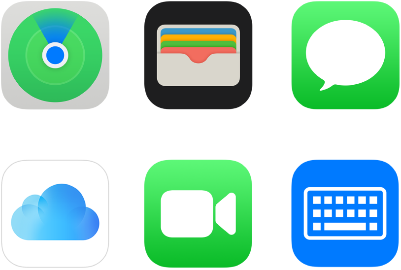Symboler för sex av de tjänster Apple erbjuder: Hitta, Plånbok, iMessage, iCloud, FaceTime och Tangentbord.