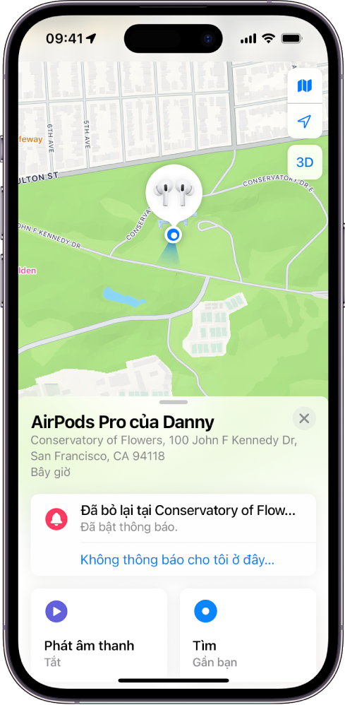 Một màn hình từ ứng dụng Tìm trên iPhone. Vị trí của AirPods Pro được hiển thị trên bản đồ San Francisco, cùng với một địa chỉ được liệt kê và các tùy chọn Phát âm thanh, Tìm và Thông báo.