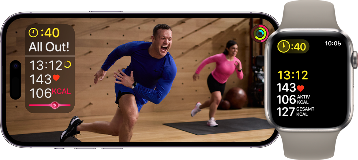 Ein Fitness+-Training auf dem iPhone und der Apple Watch mit der verbleibenden Zeit, der Herzfrequenz und dem Kalorienverbrauch.