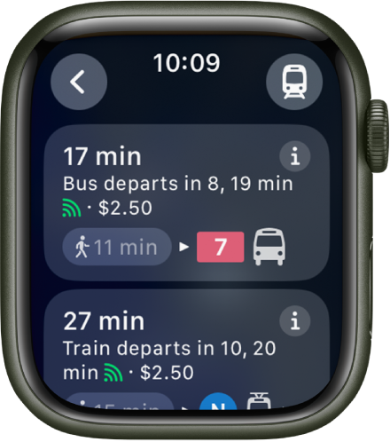 The Maps app showing details for a transit journey. The Transportation Mode button is at the top right and the Back button at the top left. Below are the first two legs of the journey—a bus ride and a train ride—with details about each one.