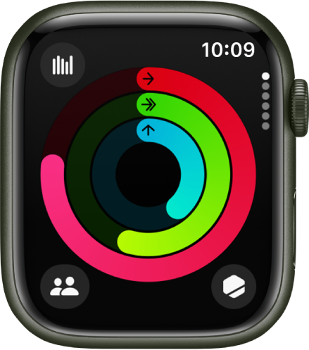 움직이기, 운동하기 및 일어서기 링이 표시된 활동 앱.
