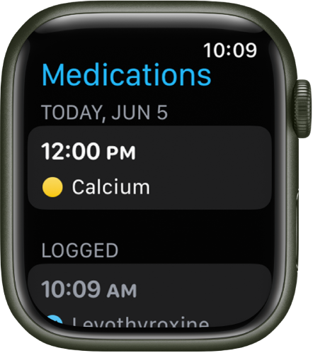 Aplikacija Medications (Zdravila) prikazuje načrtovana in zabeležena zdravila.