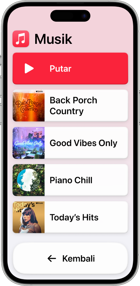 iPhone dalam Akses Bantuan dengan app Musik terbuka. Tombol Putar berada di bagian atas layar dan tombol Kembali berada di bagian bawah. Daftar berisi daftar putar mengisi bagian tengah layar.