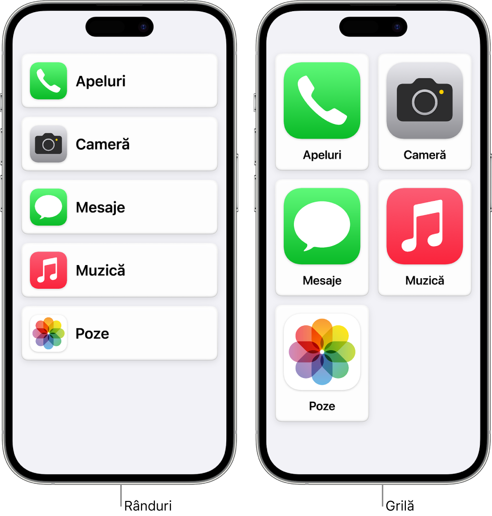 Două dispozitive iPhone în modul Acces asistiv. Unul afișează ecranul principal cu aplicațiile listate în rând. Celălalt afișează aplicațiile mai mari aranjate într-o grilă.