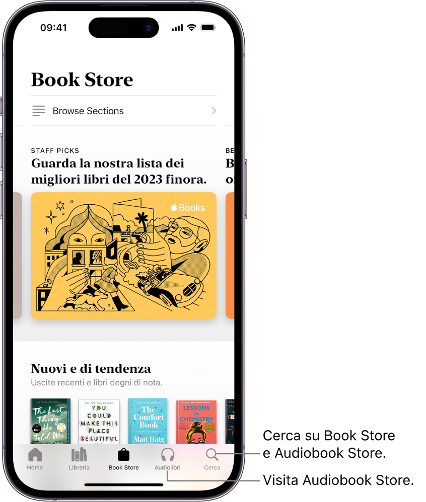 La schermata Book Store nell’app Libri. Nella parte inferiore dello schermo, da sinistra a destra, sono presenti le sezioni Home, Libreria, Book Store, Audiolibri e Cerca. Il pannello Book Store è selezionato.