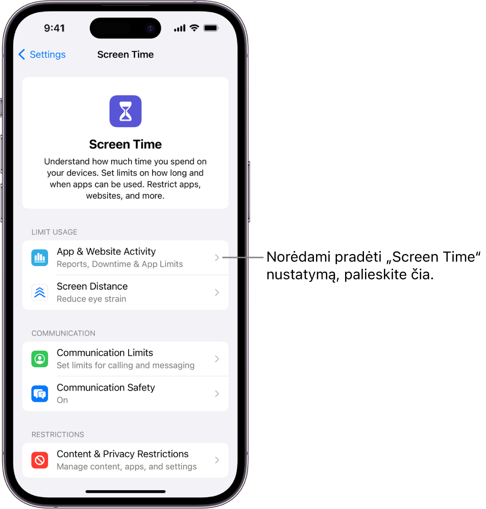 „Screen Time“ nustatymo ekranas, kuriame rodomas mygtukas „App & Website Activity“.