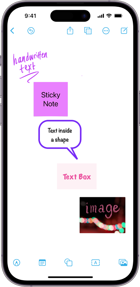 Papan Freeform dengan lukisan, nota lekat, bentuk, kotak teks dan imej, sepadan dengan butang di bahagian bawah skrin.