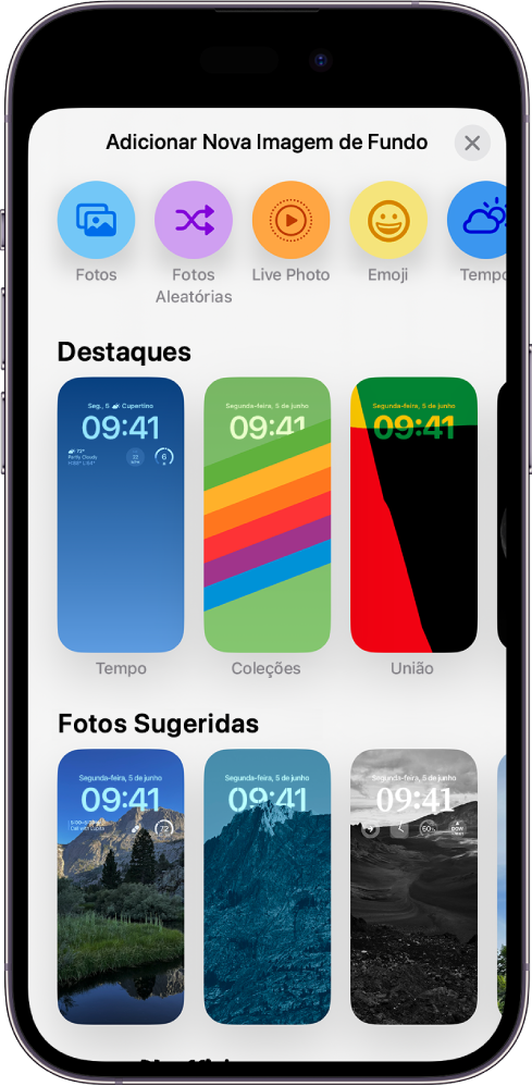 A tela Adicionar Novo Fundo mostrando uma galeria de opções de fundo para personalizar a Tela Bloqueada do iPhone.