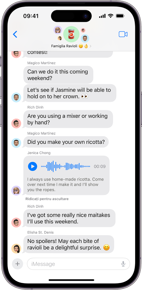 O conversație de grup în aplicația Mesaje.