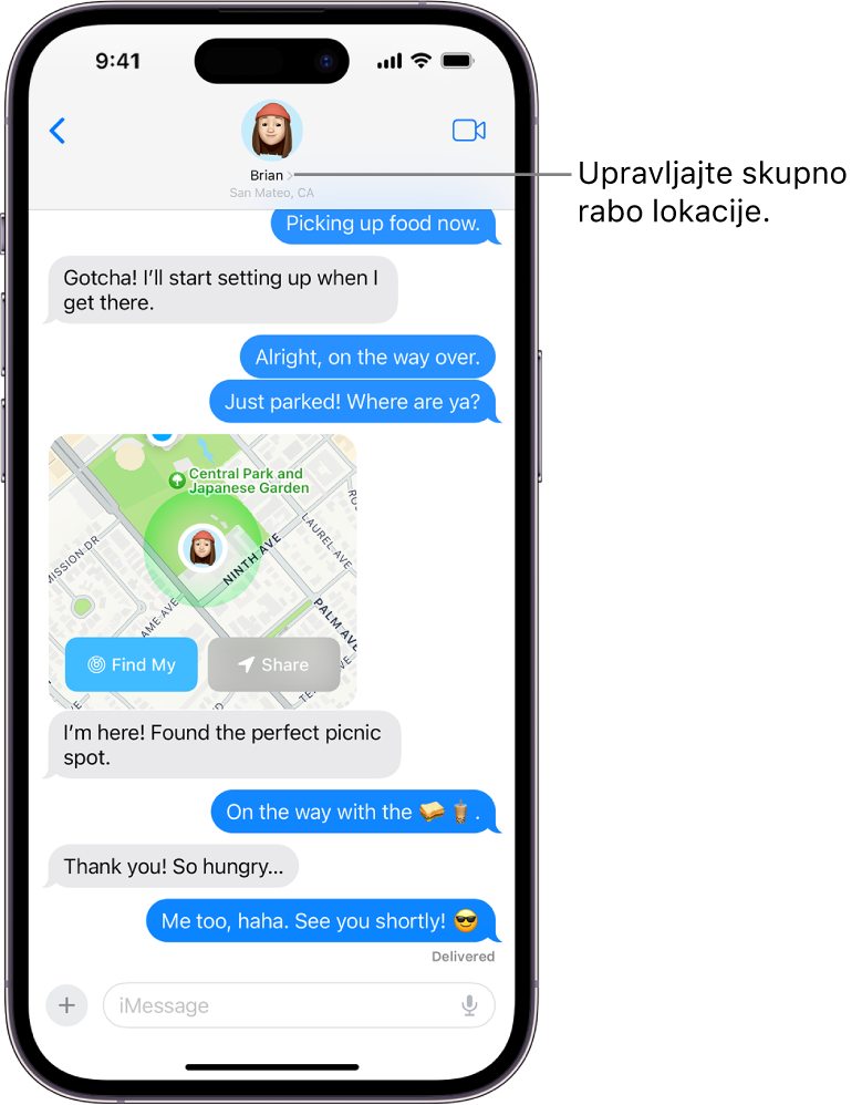 Pogovor v aplikaciji Messages z deljeno lokacijo.