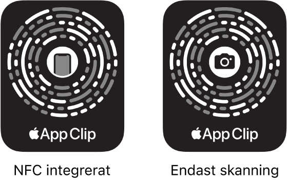 Till vänster finns en NFC-integrerad kod för appklipp med en iPhone-symbol i mitten. Till höger finns en NFC-kod som endast går att skanna med en kamerasymbol i mitten.