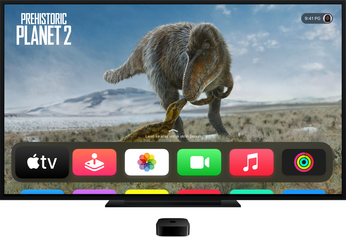 Apple TV yang disambungkan ke televisyen menunjukkan Skrin Utama