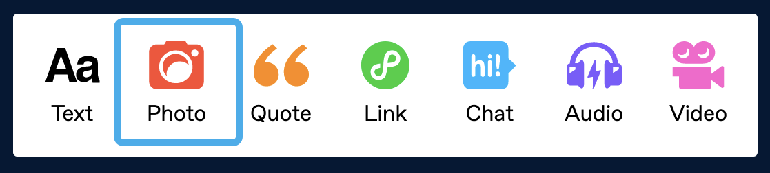 A screenshot of the options available when you're creating a new post on Tumblr, including Text, Photo, Quote, Link, Chat, Audio, or Video.