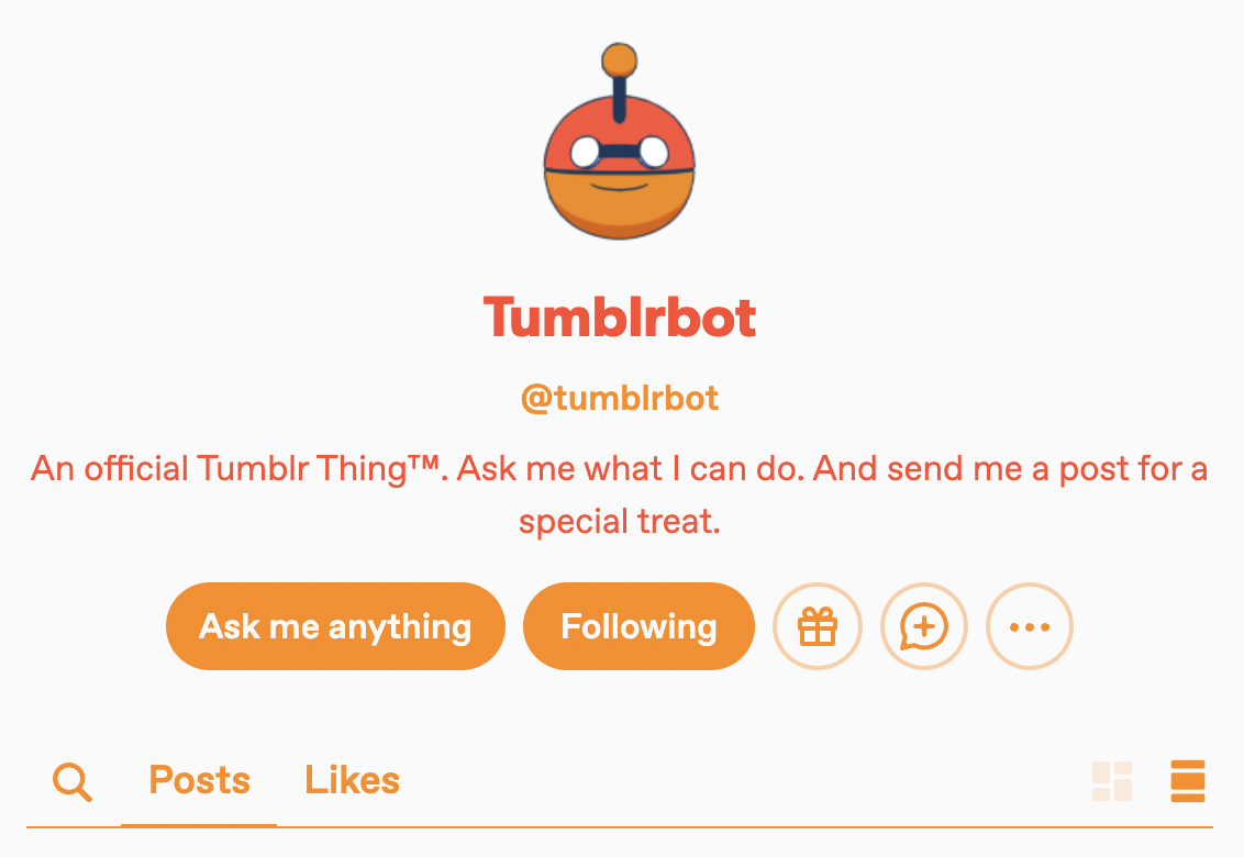 Here's a screenshot of the aspects of your blog appearance you can customize. There's an orange robot set as the avatar image. The blog title reads Tumblrbot, with the blog's description underneath.