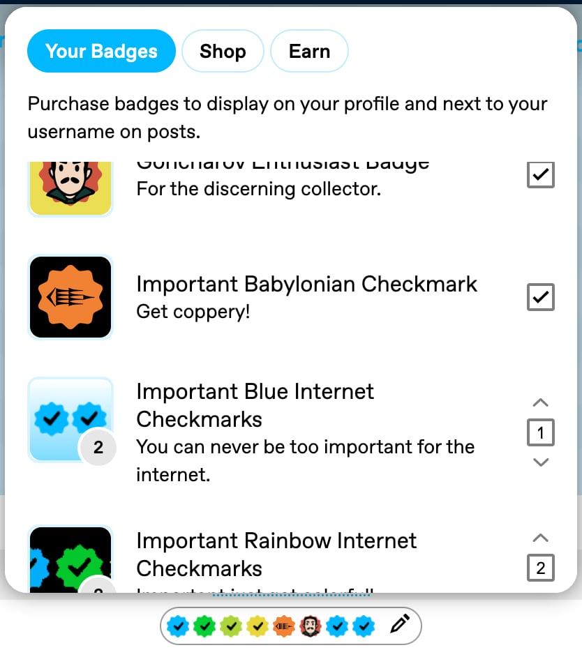 A screenshot of the badge customization screen, showing various badges available to enable on your blog.