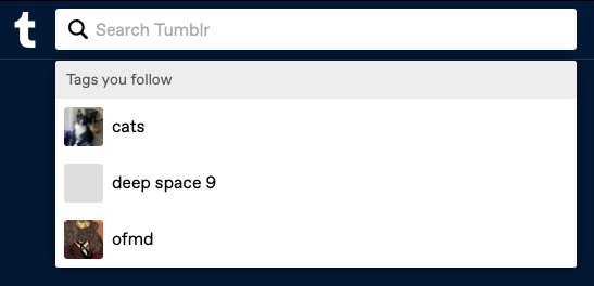 A screenshot of the search bar on Tumblr desktop web. There's a drop-down menu that says "Tags you follow: cats, deep space 9, ofmd."