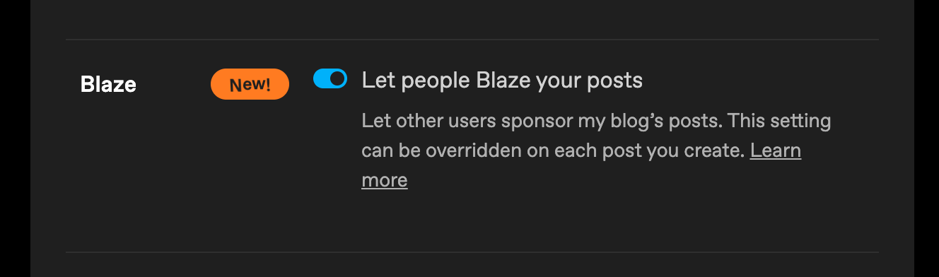 Screenshot of the blog-level "Let people Blaze your posts" setting.
