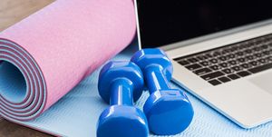 set of workout inventory, using laptop computer body care, healthy lifestyle, distance exercising, sport, workout, technology, pilates concept