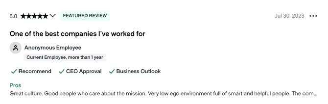 A screenshot of a Glassdoor review by an "anonymous employee" 