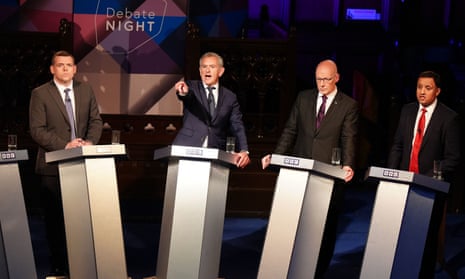 (left to right) Douglas Ross, presenter Stephen Jardine, John Swinney and Scottish Labour leader Anas Sarwar during a general election special edition of BBC Debate Night with the leaders of the five main Scottish parties in Glasgow on 11 June.