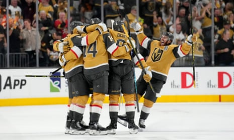 Vegas Golden Knights players celebrate a goal against the Florida Panthers during the third period of Saturday’s Game 1 of the Stanley Cup final.