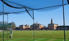 Distant view of Dulwich College in London from playing field and cricket nets. 