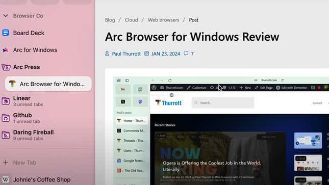 A screenshot of the Arc web browser.