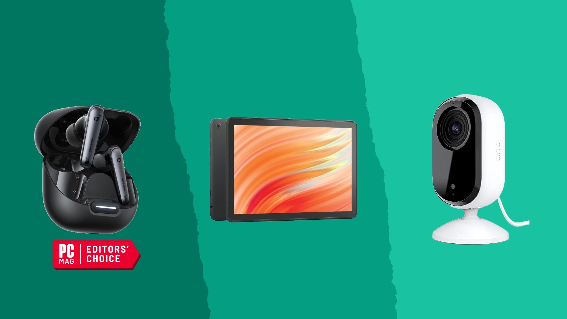 Triptych of gadgets on colorful background