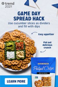 This easy appetizer hack is perfect for game day. Just cut up a cucumber, use the slices as dividers and fill with dips of your choice. Spread out some flat out delicious Pretzel Crisps® and you're ready for some game time snacking.